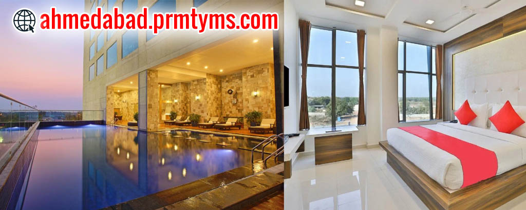 Luxury hotel in Motera Ahmedabad with poolside view and modern deluxe room featuring elegant interiors, red accents, and large glass windows.